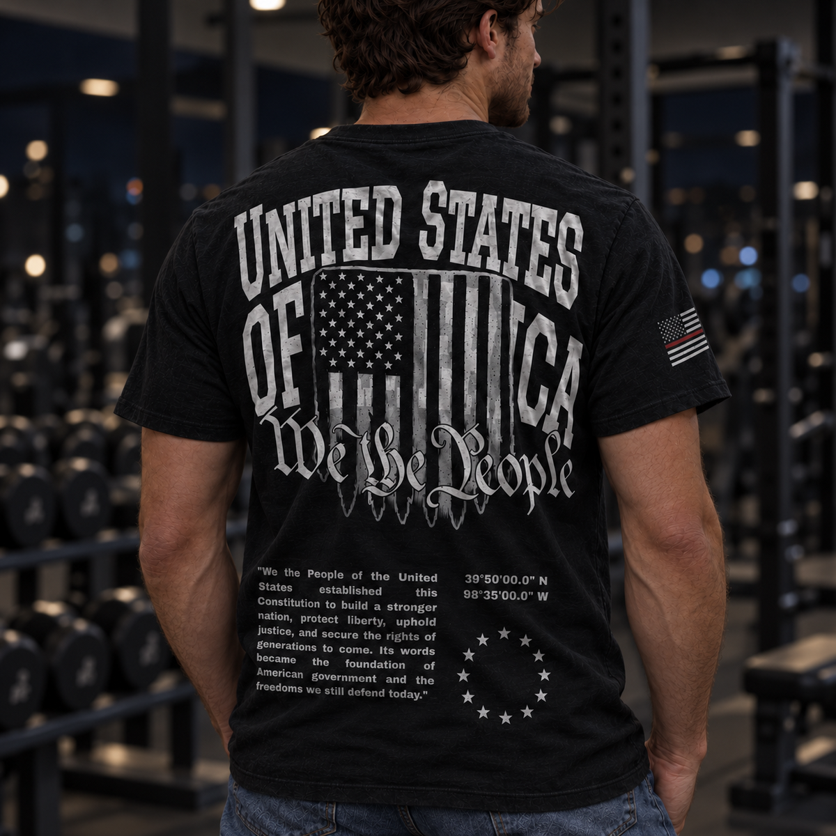 Model wearing the black We the People shirt in a gym