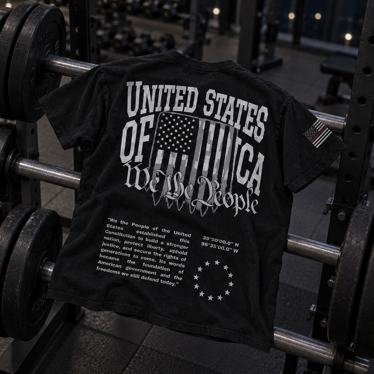 We the People shirt draped over a barbell